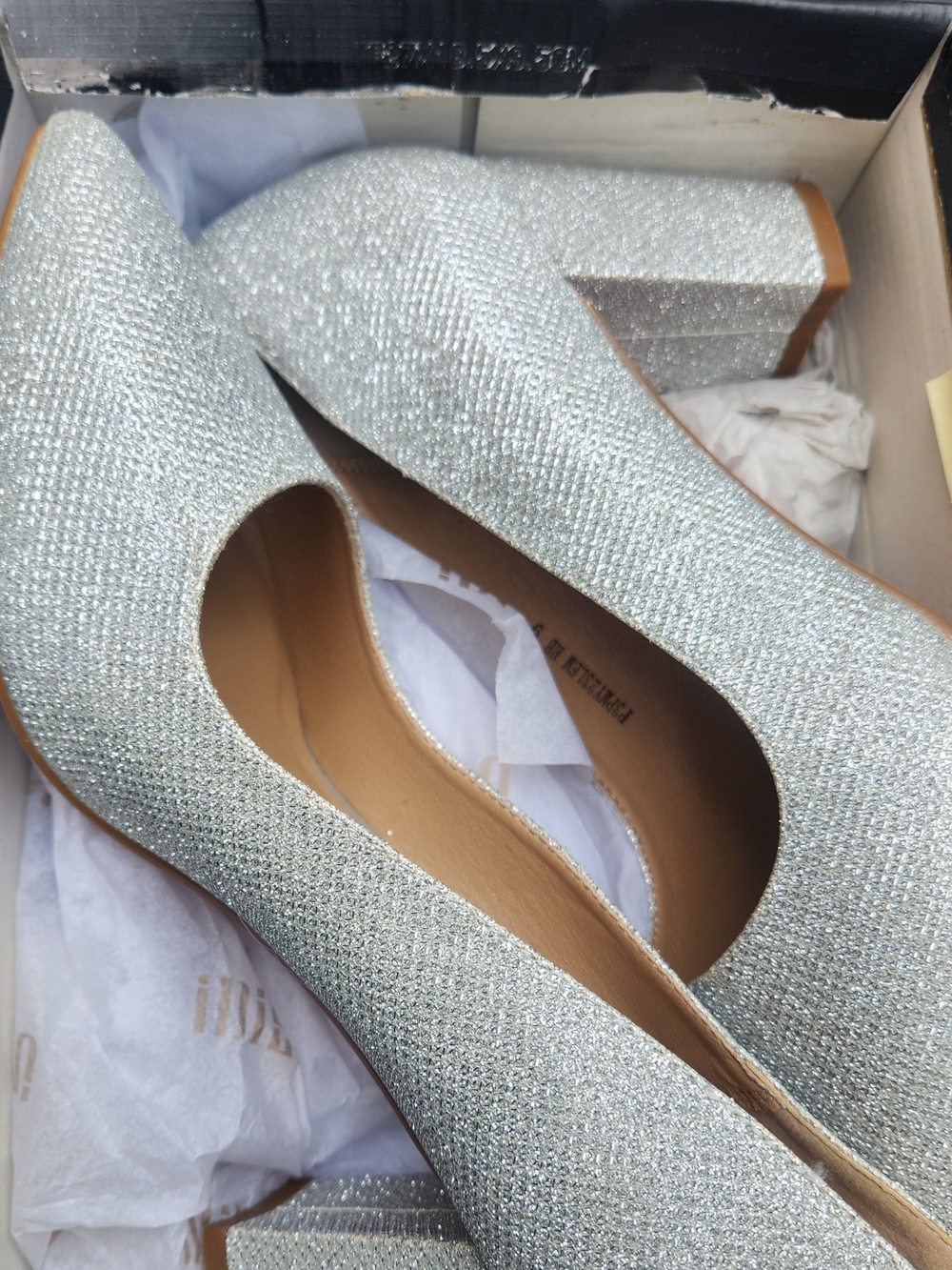 IDIFU Silver Glitter Block Heel Pumps for Women